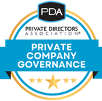 PDA Private Company Governance Badge No Date Small 2 Circular badge for Private Company Governance by the Private Directors Association (PDA), with a teal banner and gold stars.