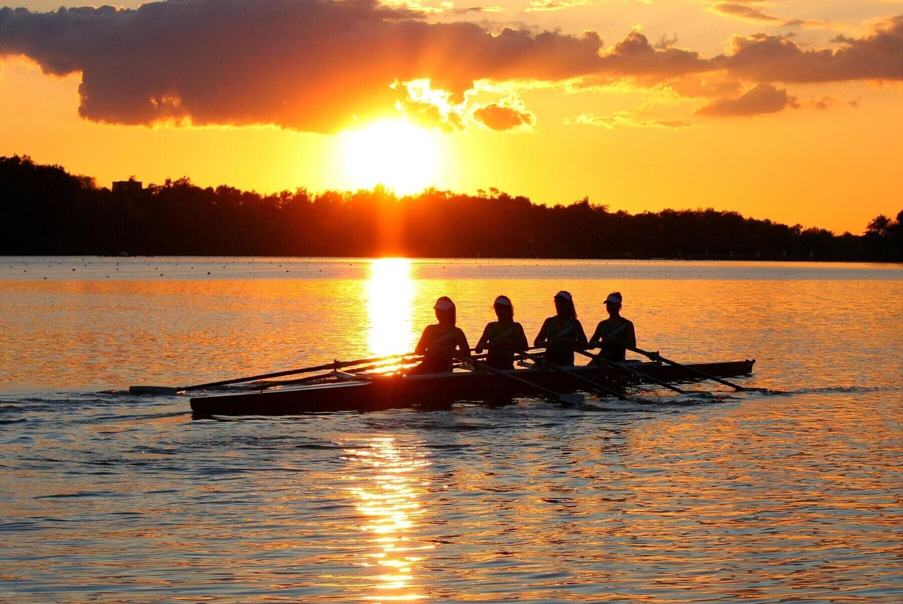 Four silhouetted rowers in a long boat paddling on a calm lake at sunset.